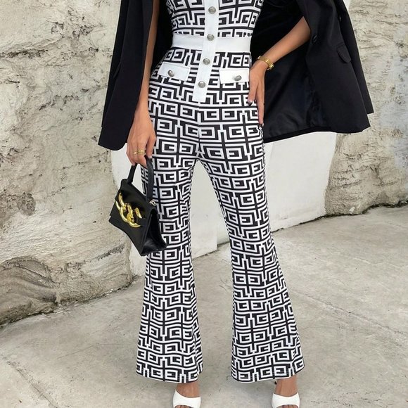 White & Black Preppy Womens Geo Print Button Front Tube Jumpsuit - Picture 3 of 6